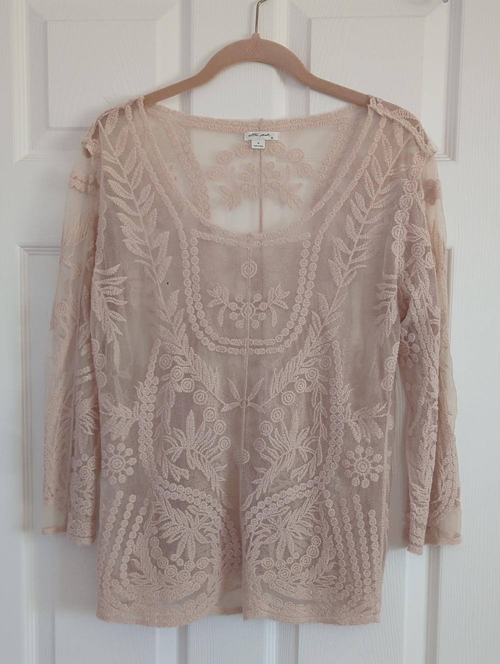 Ultra Pink Sheer Embroidered Top- Blush Pink Size M